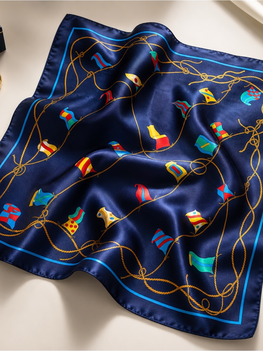 Italian Silk-Feel Scarf 30.5” x 31” Nautical Rope Print Navy Luxe Square - Picture 2 of 5